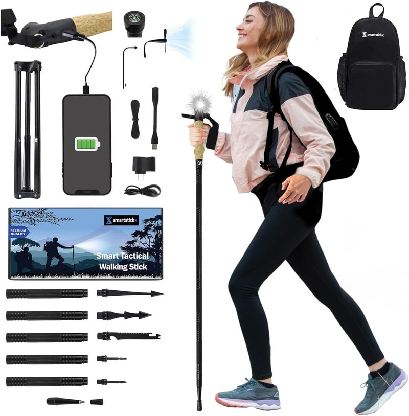 SmartstickX Collapsible Tactical Walking Stick with LED Light, USB Charging, Cork Grip, and Survival Tools – Aircraft Aluminum Trekking Pole for Hiking, Camping, Outdoors & Self Defense - Image 1